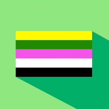 yellow, green, pink, white and black flag on green background