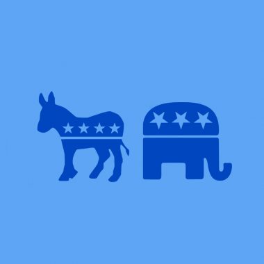 dark blue symbol of a donkey on the left and elephant on the right, light blue background