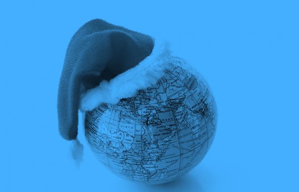 globe with Santa hat, blue filter